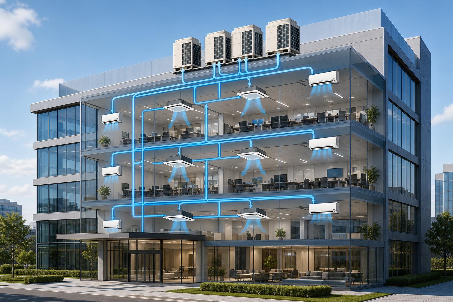Edifício corporativo com sistema HVAC em diagrama de fluxo — Comandos Engenharia HVAC